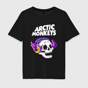 Мужская футболка хлопок Oversize с принтом Arctic Monkeys   неоновый череп в Кировске, 100% хлопок | свободный крой, круглый ворот, “спинка” длиннее передней части | Тематика изображения на принте: 