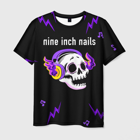 Мужская футболка 3D с принтом Nine Inch Nails неоновый череп в Кировске, 100% полиэфир | прямой крой, круглый вырез горловины, длина до линии бедер | Тематика изображения на принте: 
