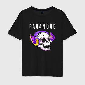 Мужская футболка хлопок Oversize с принтом Paramore   неоновый череп в Кировске, 100% хлопок | свободный крой, круглый ворот, “спинка” длиннее передней части | Тематика изображения на принте: 