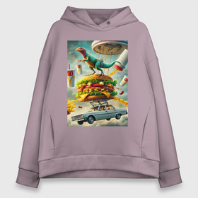 Женское худи Oversize хлопок с принтом Ящерица на бургере и автомобиль   сюрреализм в городе Новоалтайск, френч-терри — 70% хлопок, 30% полиэстер. Мягкий теплый начес внутри —100% хлопок | боковые карманы, эластичные манжеты и нижняя кромка, капюшон на магнитной кнопке | 