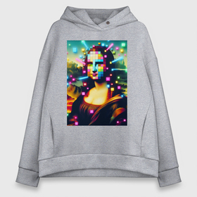 Женское худи Oversize хлопок с принтом Мона Лиза и неоновые кубики   стилизация в городе Новоалтайск, френч-терри — 70% хлопок, 30% полиэстер. Мягкий теплый начес внутри —100% хлопок | боковые карманы, эластичные манжеты и нижняя кромка, капюшон на магнитной кнопке | 