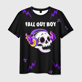 Мужская футболка 3D с принтом Fall Out Boy неоновый череп в Кировске, 100% полиэфир | прямой крой, круглый вырез горловины, длина до линии бедер | Тематика изображения на принте: 
