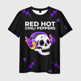 Мужская футболка 3D с принтом Red Hot Chili Peppers неоновый череп в Кировске, 100% полиэфир | прямой крой, круглый вырез горловины, длина до линии бедер | Тематика изображения на принте: 