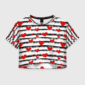 Женская футболка Crop-top 3D с принтом Паттерн с полосками и сердечками в Ухте, 100% полиэстер | круглая горловина, длина футболки до линии талии, рукава с отворотами | 