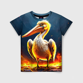 Детская футболка 3D с принтом Пеликан в огне в Ухте, 100% гипоаллергенный полиэфир | прямой крой, круглый вырез горловины, длина до линии бедер, чуть спущенное плечо, ткань немного тянется | Тематика изображения на принте: 