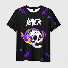 Мужская футболка 3D с принтом Slayer неоновый череп в Кировске, 100% полиэфир | прямой крой, круглый вырез горловины, длина до линии бедер | Тематика изображения на принте: 