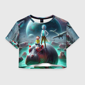 Женская футболка Crop-top 3D с принтом Рик и Морти сидят на бегемоте   нейроарт фантазия в городе Новоалтайск, 100% полиэстер | круглая горловина, длина футболки до линии талии, рукава с отворотами | Тематика изображения на принте: 