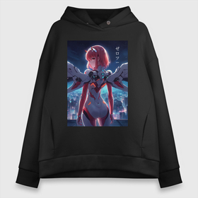 Женское худи Oversize хлопок с принтом Zero two   Darling in the Franxx   cyberpunk в городе Новоалтайск, френч-терри — 70% хлопок, 30% полиэстер. Мягкий теплый начес внутри —100% хлопок | боковые карманы, эластичные манжеты и нижняя кромка, капюшон на магнитной кнопке | 