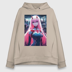Женское худи Oversize хлопок с принтом Darling in the Franxx   zero two   ai art в городе Новоалтайск, френч-терри — 70% хлопок, 30% полиэстер. Мягкий теплый начес внутри —100% хлопок | боковые карманы, эластичные манжеты и нижняя кромка, капюшон на магнитной кнопке | 