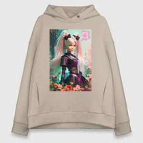 Женское худи Oversize хлопок с принтом Beauty Barbie among flowers   ai art fantasy в городе Новоалтайск, френч-терри — 70% хлопок, 30% полиэстер. Мягкий теплый начес внутри —100% хлопок | боковые карманы, эластичные манжеты и нижняя кромка, капюшон на магнитной кнопке | 
