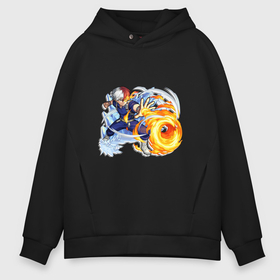 Мужское худи Oversize хлопок с принтом Моя геройская академия Шото Тодороки лед и пламя в Новосибирске, френч-терри — 70% хлопок, 30% полиэстер. Мягкий теплый начес внутри —100% хлопок | боковые карманы, эластичные манжеты и нижняя кромка, капюшон на магнитной кнопке | 