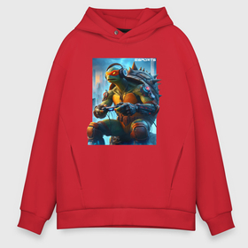 Мужское худи Oversize хлопок с принтом Черепаха киберспортсмен   нейроарт фантазия в городе Новоалтайск, френч-терри — 70% хлопок, 30% полиэстер. Мягкий теплый начес внутри —100% хлопок | боковые карманы, эластичные манжеты и нижняя кромка, капюшон на магнитной кнопке | 