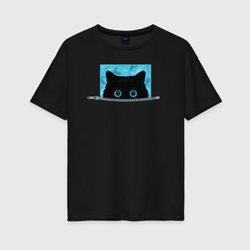 Женская футболка хлопок Oversize с принтом Игривая кошечка с молнией в городе Новоалтайск, 100% хлопок | свободный крой, круглый ворот, спущенный рукав, длина до линии бедер
 | 