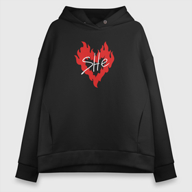 Женское худи Oversize хлопок с принтом She is fire   горящее женское сердце в Ухте, френч-терри — 70% хлопок, 30% полиэстер. Мягкий теплый начес внутри —100% хлопок | боковые карманы, эластичные манжеты и нижняя кромка, капюшон на магнитной кнопке | 