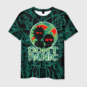 Мужская футболка 3D с принтом Rick and Morty   dont panic в Петрозаводске, 100% полиэфир | прямой крой, круглый вырез горловины, длина до линии бедер | Тематика изображения на принте: 