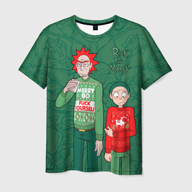 Мужская футболка 3D с принтом Rick and Morty   Merry Christmas в Петрозаводске, 100% полиэфир | прямой крой, круглый вырез горловины, длина до линии бедер | Тематика изображения на принте: 