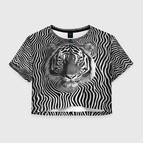 Женская футболка Crop-top 3D с принтом Голова тигра и полосы чб в городе Новоалтайск, 100% полиэстер | круглая горловина, длина футболки до линии талии, рукава с отворотами | 