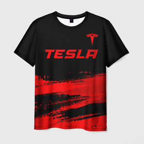 Мужская футболка 3D с принтом Tesla   red gradient посередине в Петрозаводске, 100% полиэфир | прямой крой, круглый вырез горловины, длина до линии бедер | Тематика изображения на принте: 