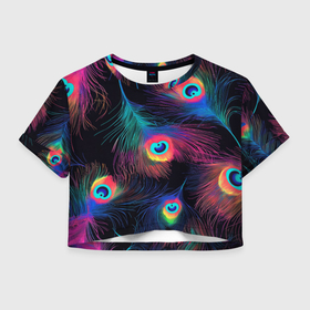 Женская футболка Crop-top 3D с принтом Павлиньи перья   разные оттенки в Рязани, 100% полиэстер | круглая горловина, длина футболки до линии талии, рукава с отворотами | 