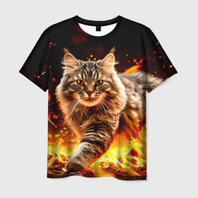 Мужская футболка 3D Сибирская кошка в огне: в Ухте, 100% полиэфир | прямой крой, круглый вырез горловины, длина до линии бедер |