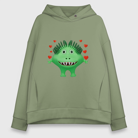 Женское худи Oversize хлопок с принтом Влюбленный мультяшный зеленый монстр в городе Новоалтайск, френч-терри — 70% хлопок, 30% полиэстер. Мягкий теплый начес внутри —100% хлопок | боковые карманы, эластичные манжеты и нижняя кромка, капюшон на магнитной кнопке | 