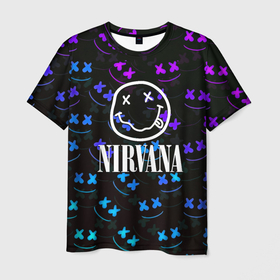 Мужская футболка 3D с принтом Nirvana x marshmello neon в городе Новоалтайск, 100% полиэфир | прямой крой, круглый вырез горловины, длина до линии бедер | Тематика изображения на принте: 