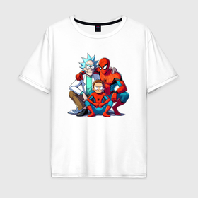 Мужская футболка хлопок Oversize с принтом Spider Man is Rick and Mortys friend в Петрозаводске, 100% хлопок | свободный крой, круглый ворот, “спинка” длиннее передней части | Тематика изображения на принте: 