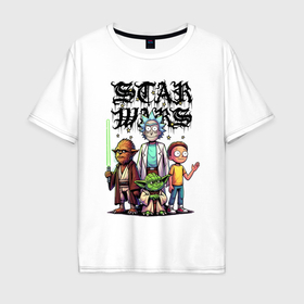 Мужская футболка хлопок Oversize с принтом Yoda and Chewbacca are friends of Rick and Morty   Star Wars в Петрозаводске, 100% хлопок | свободный крой, круглый ворот, “спинка” длиннее передней части | Тематика изображения на принте: 