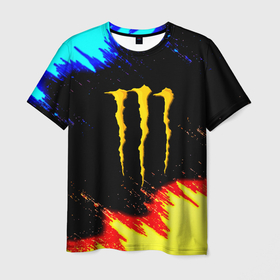 Мужская футболка 3D с принтом Monster energy огненные краски в Курске, 100% полиэфир | прямой крой, круглый вырез горловины, длина до линии бедер | 