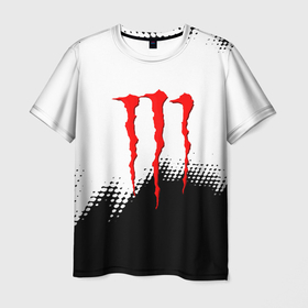 Мужская футболка 3D с принтом Monster energy чёрно белые краски в Курске, 100% полиэфир | прямой крой, круглый вырез горловины, длина до линии бедер | 