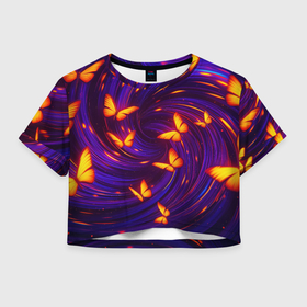 Женская футболка Crop-top 3D с принтом Бабочки и фон спираль   эффект перспективы   вихрь паттерн в городе Новоалтайск, 100% полиэстер | круглая горловина, длина футболки до линии талии, рукава с отворотами | 