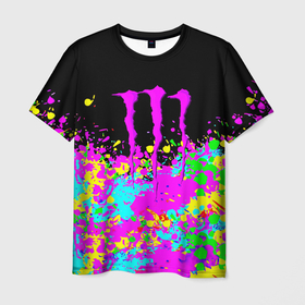 Мужская футболка 3D с принтом Monster energy краски неоновые в Курске, 100% полиэфир | прямой крой, круглый вырез горловины, длина до линии бедер | 