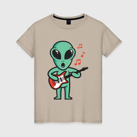 Женская футболка хлопок Пришелец гитарист: в Ухте, 100% хлопок | прямой крой, круглый вырез горловины, длина до линии бедер, слегка спущенное плечо |