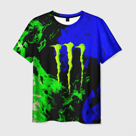 Мужская футболка 3D с принтом Monster energy кислотный огонь в Курске, 100% полиэфир | прямой крой, круглый вырез горловины, длина до линии бедер | 
