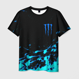 Мужская футболка 3D с принтом Monster energy голубые краски в Курске, 100% полиэфир | прямой крой, круглый вырез горловины, длина до линии бедер | 