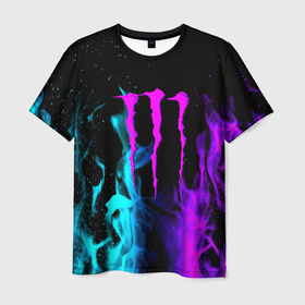 Мужская футболка 3D с принтом Monster energy неоновый огонь в Курске, 100% полиэфир | прямой крой, круглый вырез горловины, длина до линии бедер | 