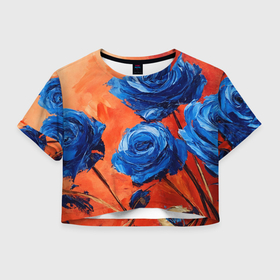 Женская футболка Crop-top 3D с принтом Синие розы на красном фоне в стиле живописи в Ухте, 100% полиэстер | круглая горловина, длина футболки до линии талии, рукава с отворотами | 