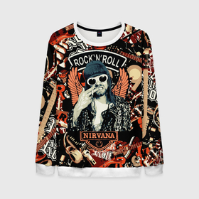 Мужской свитшот 3D с принтом Nirvana Kurt Cobain на фоне гитар в Санкт-Петербурге, 100% полиэстер с мягким внутренним слоем | круглый вырез горловины, мягкая резинка на манжетах и поясе, свободная посадка по фигуре | 