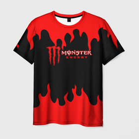 Мужская футболка 3D с принтом Monster energy красный огонь в Ухте, 100% полиэфир | прямой крой, круглый вырез горловины, длина до линии бедер | 