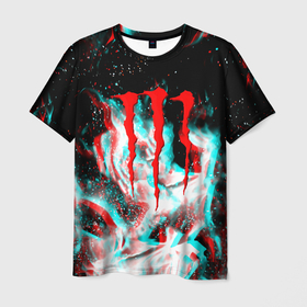 Мужская футболка 3D с принтом Monster energy глитч огонь в Кировске, 100% полиэфир | прямой крой, круглый вырез горловины, длина до линии бедер | Тематика изображения на принте: 