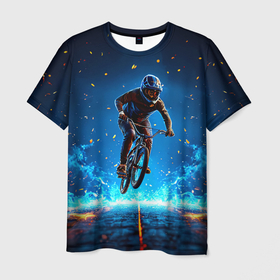 Мужская футболка 3D с принтом BMX в синем пламени в городе Новоалтайск, 100% полиэфир | прямой крой, круглый вырез горловины, длина до линии бедер | 