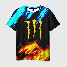 Мужская футболка 3D с принтом Monster energy текстура огненная в городе Новоалтайск, 100% полиэфир | прямой крой, круглый вырез горловины, длина до линии бедер | 