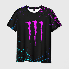 Мужская футболка 3D с принтом Monster energy краски неон в Ухте, 100% полиэфир | прямой крой, круглый вырез горловины, длина до линии бедер | 