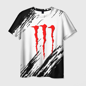 Мужская футболка 3D с принтом Monster energy черно краски в Ухте, 100% полиэфир | прямой крой, круглый вырез горловины, длина до линии бедер | 