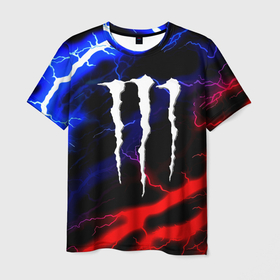 Мужская футболка 3D с принтом Monster energy молнии неон в Ухте, 100% полиэфир | прямой крой, круглый вырез горловины, длина до линии бедер | 
