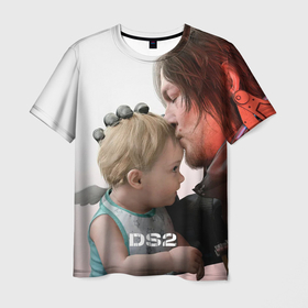 Мужская футболка 3D с принтом Сэм и ребенок Death stranding 2 on the beach в городе Новоалтайск, 100% полиэфир | прямой крой, круглый вырез горловины, длина до линии бедер | 