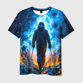 Мужская футболка 3D с принтом Лыжник в огне в Ухте, 100% полиэфир | прямой крой, круглый вырез горловины, длина до линии бедер | 