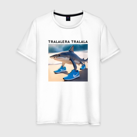 Мужская футболка хлопок с принтом Tralalera tralala   shark   brainrot meme , 100% хлопок | прямой крой, круглый вырез горловины, длина до линии бедер, слегка спущенное плечо. | 