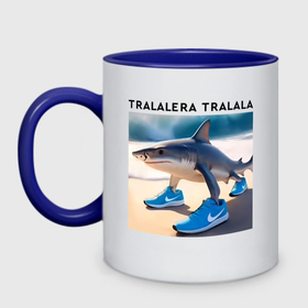 Кружка двухцветная с принтом Tralalera tralala   brainrot shark memes в Екатеринбурге, керамика | объем — 330 мл, диаметр — 80 мм. Цветная ручка и кайма сверху, в некоторых цветах — вся внутренняя часть | 