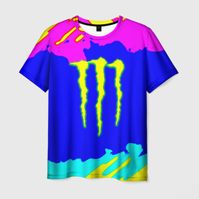 Мужская футболка 3D с принтом Monster energy краски цветные в городе Новоалтайск, 100% полиэфир | прямой крой, круглый вырез горловины, длина до линии бедер | 